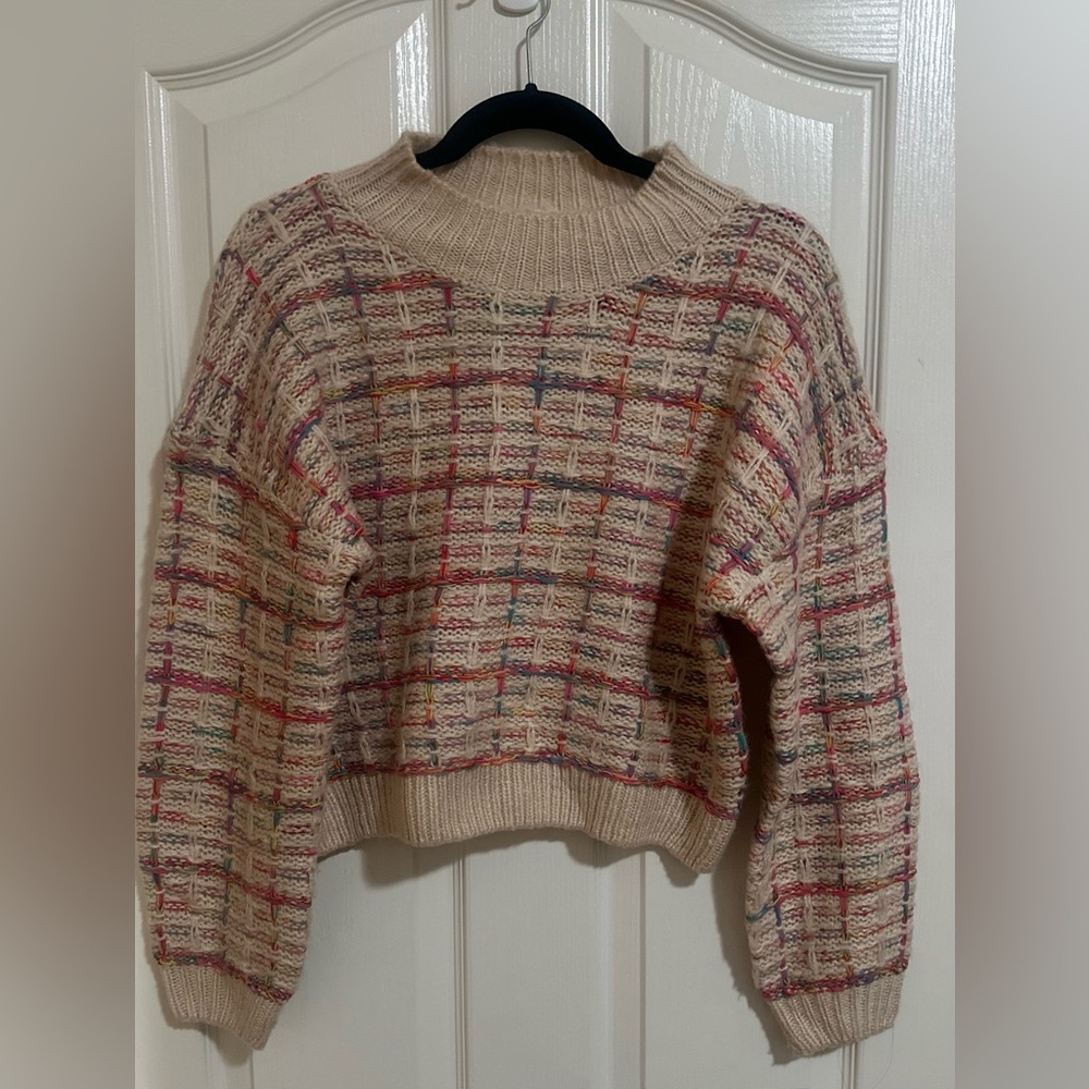 Women’s LUSH Rainbow Colors Oversized Cropped Sweater Long Cozy Sleeve Size M.‎